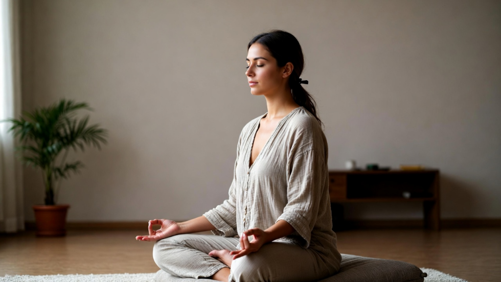 瞑想クッションの上で瞑想をして落ち着いている女性