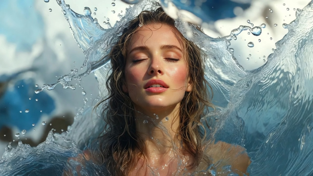 サイレント期間に幸福の水を浴びて癒やされている女性