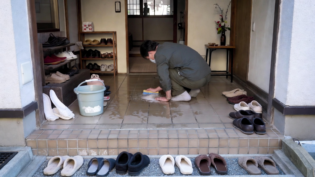 玄関を掃除している人