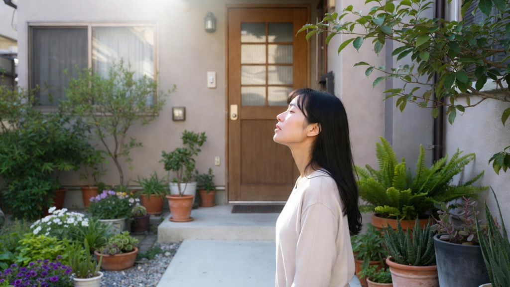 玄関で深呼吸をする女性