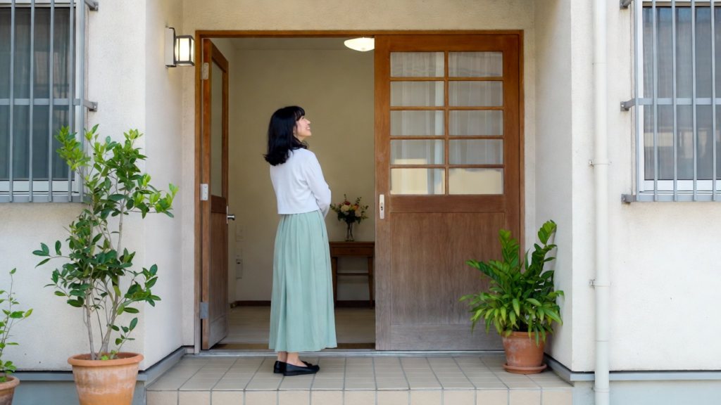 綺麗な玄関にたたずむ女性の後ろ姿