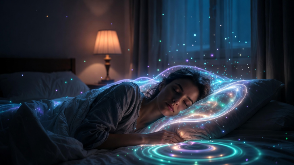 ヒーリングミュージックを聞きながら寝ている女性