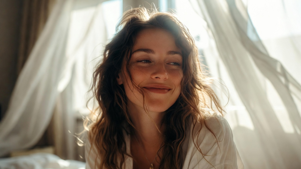 スッキリと目覚めて笑っている女性