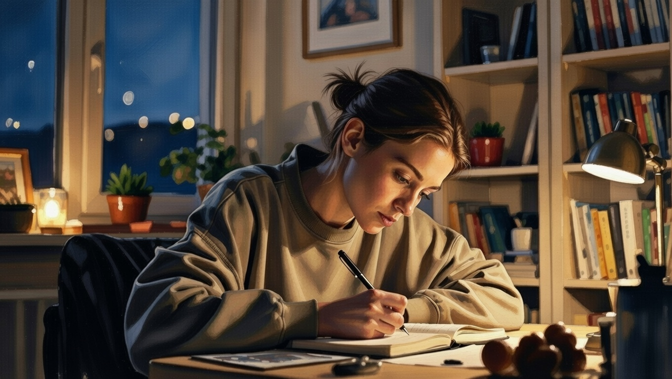 夜にジャーナリングをしている女性