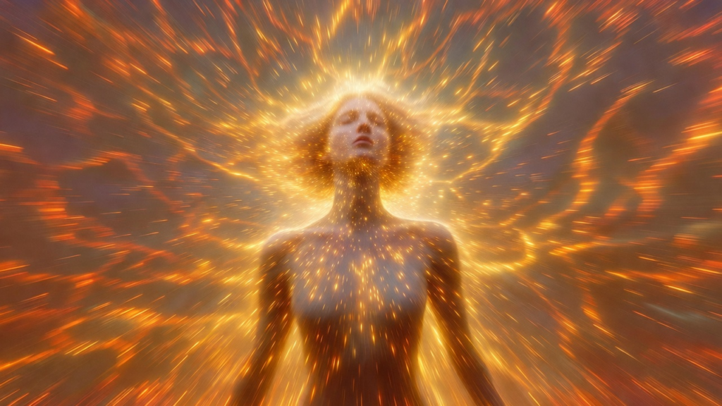 カルマが開放されて光に包まれる女性