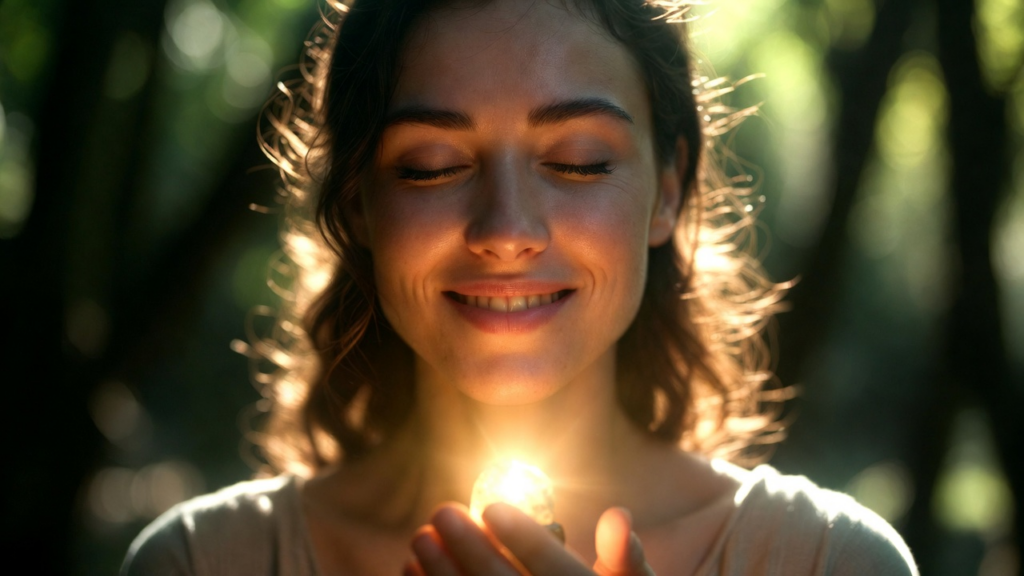 パワーストーンの光で笑顔になる女性