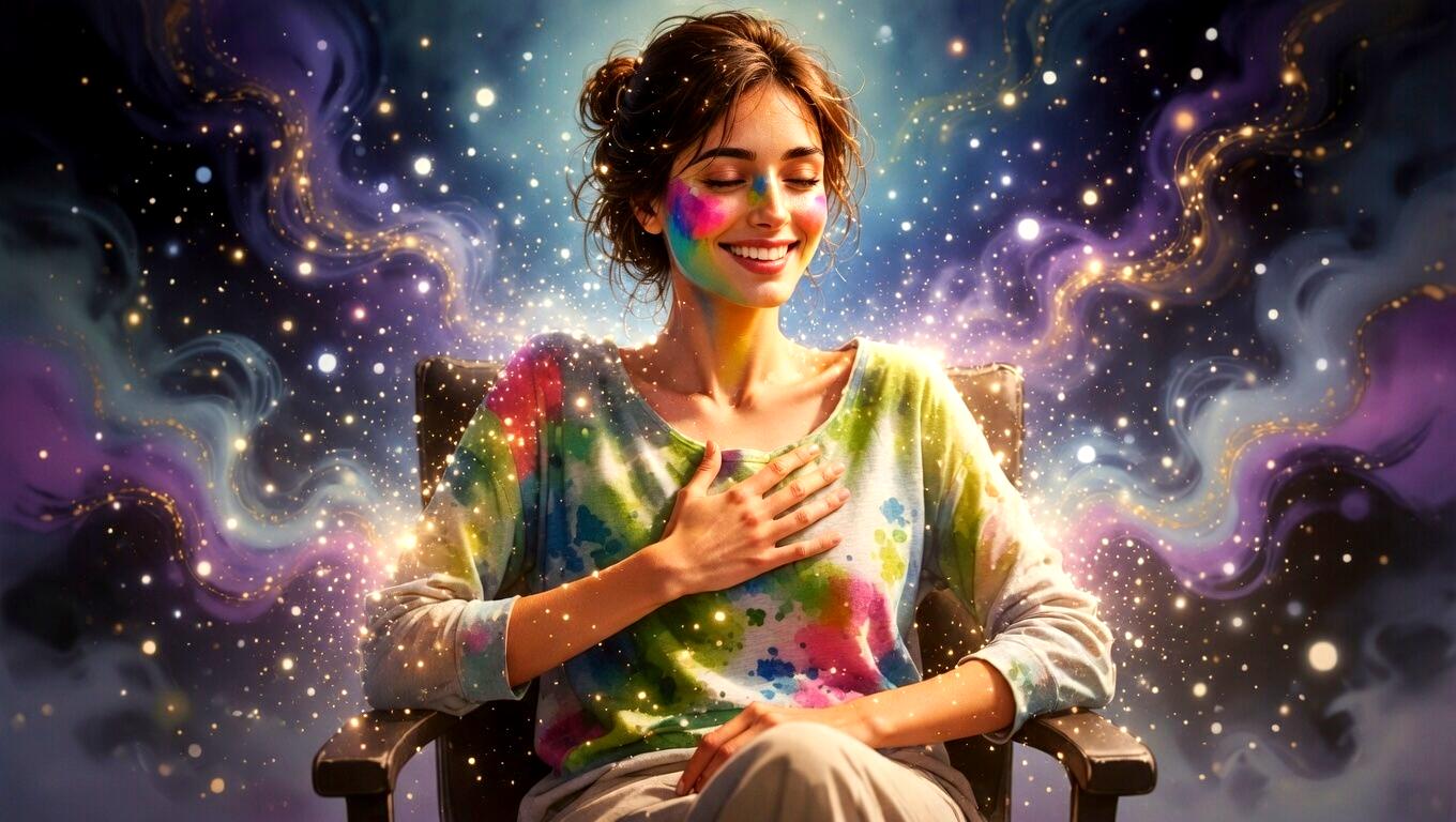 宇宙の光に包まれた女性が運命の相手とつながる神秘的で希望に満ちたイメージ