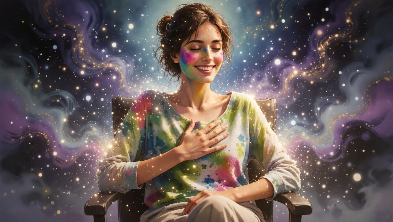 星空を見上げながら自分の使命に気づき始める女性の幻想的なイメージ