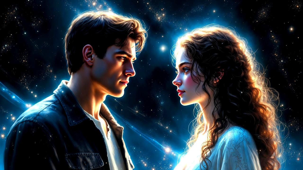 光で結ばれた男女が向かい合う幻想的な恋愛の象徴