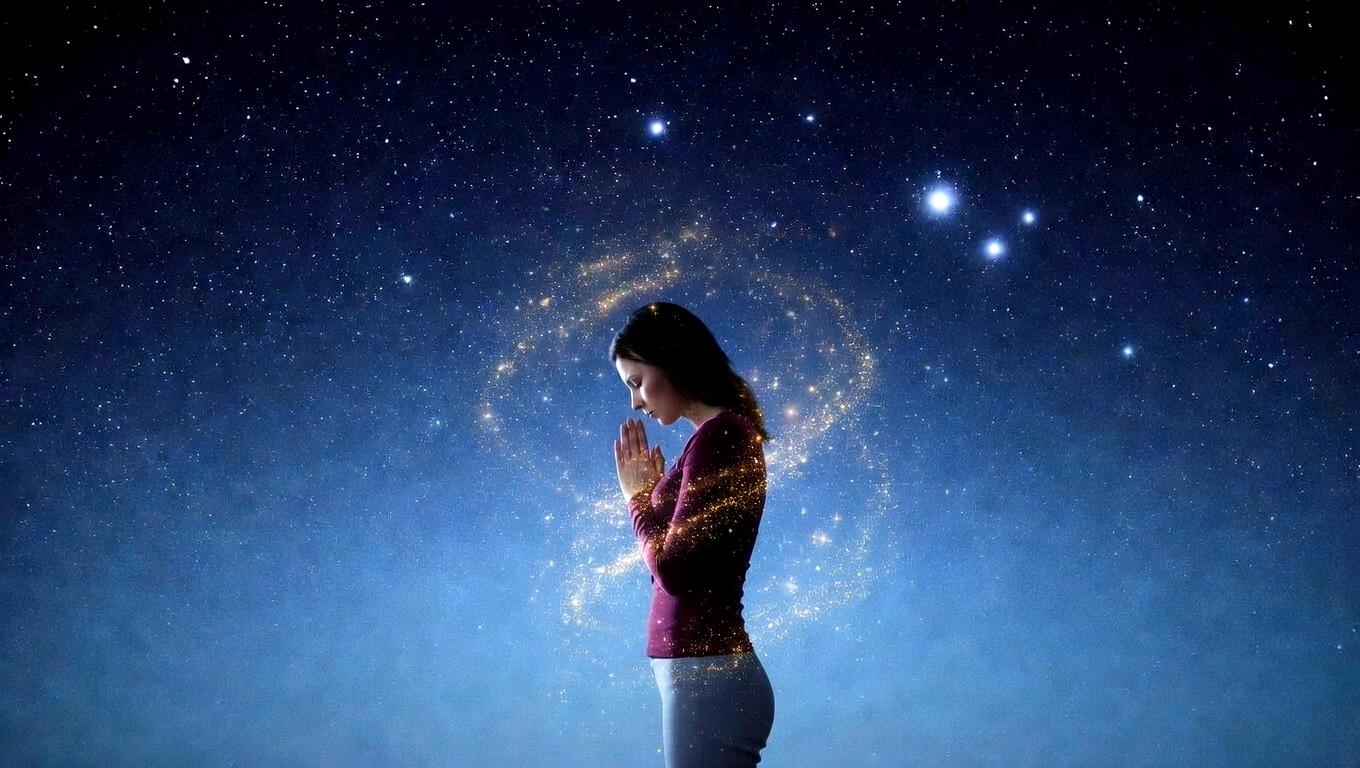 コーヒーを前に目を閉じて静かに瞑想している落ち着いた空間