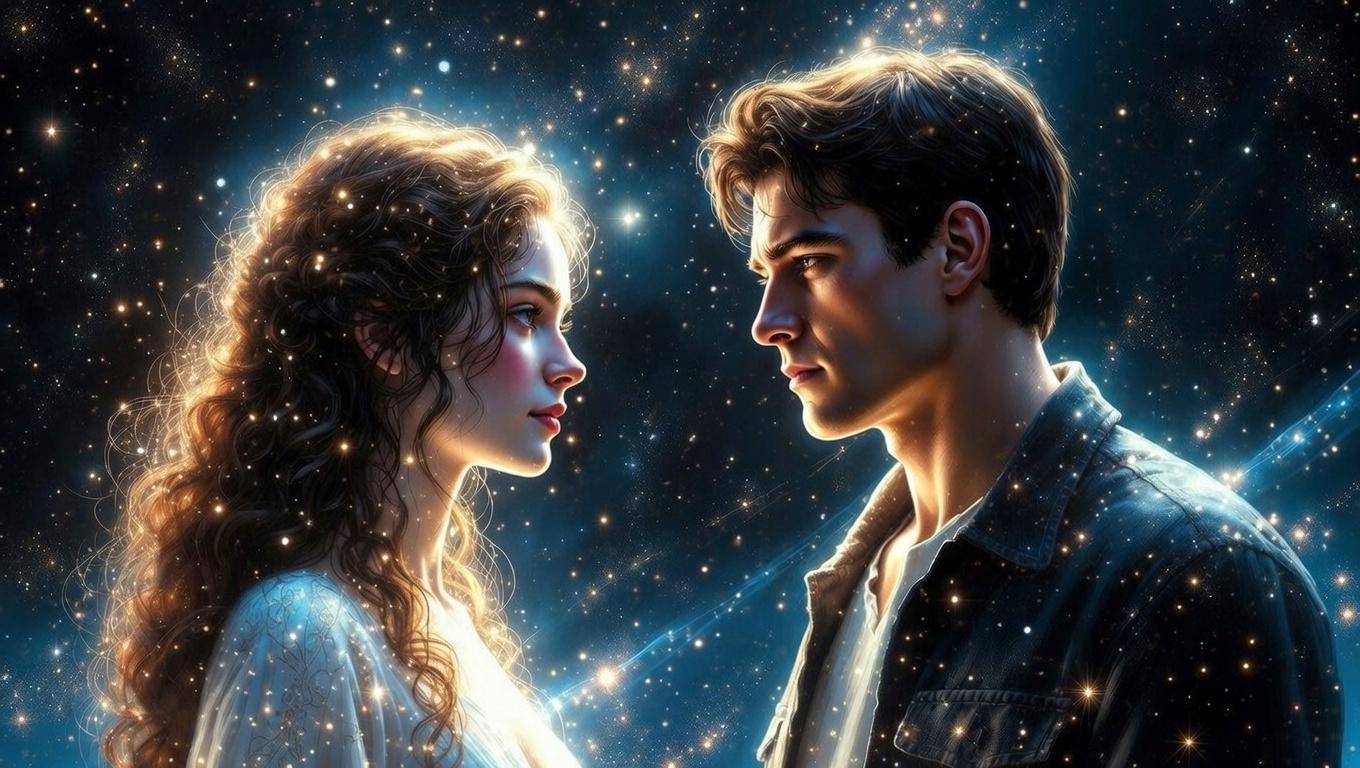 再会したツインレイが静かに向き合い試練の意味を感じている幻想的な情景