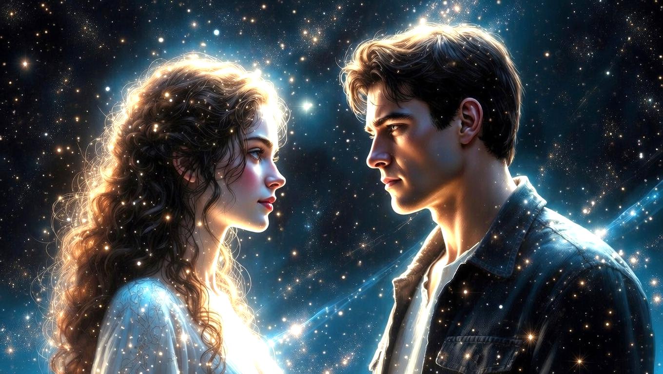 魂で結ばれた二人が静かに向き合う幻想的な光のシーン