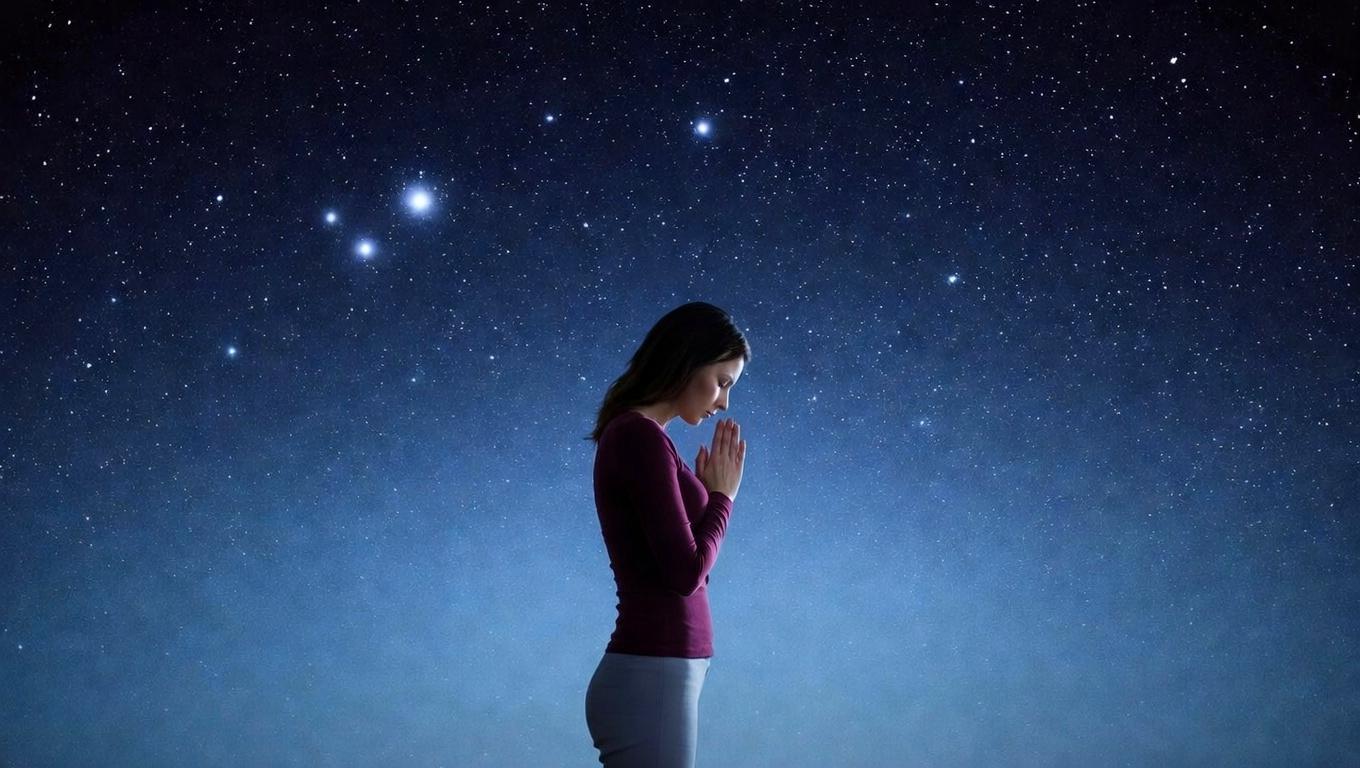 星空を背景に静かに佇む女性が自分の使命に気づき始める神秘的なイメージ