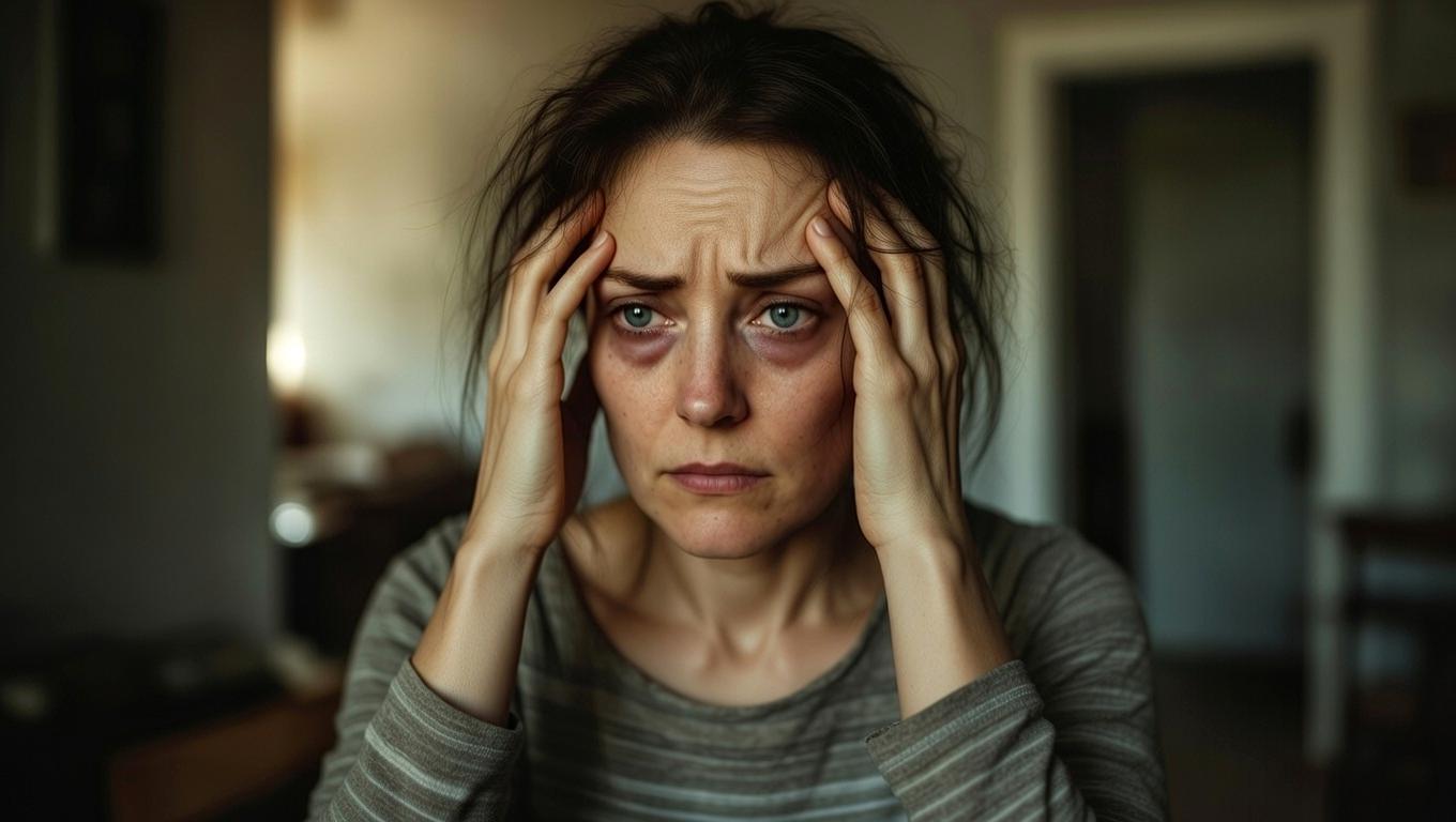 不安定に揺れる足元と曇った表情の人物のイメージ