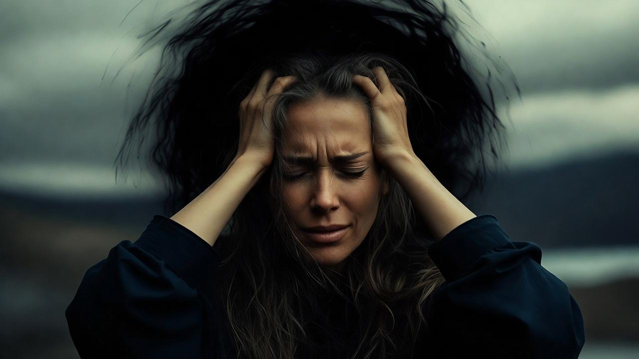 人の感情に囲まれて疲れている様子の人物イメージ