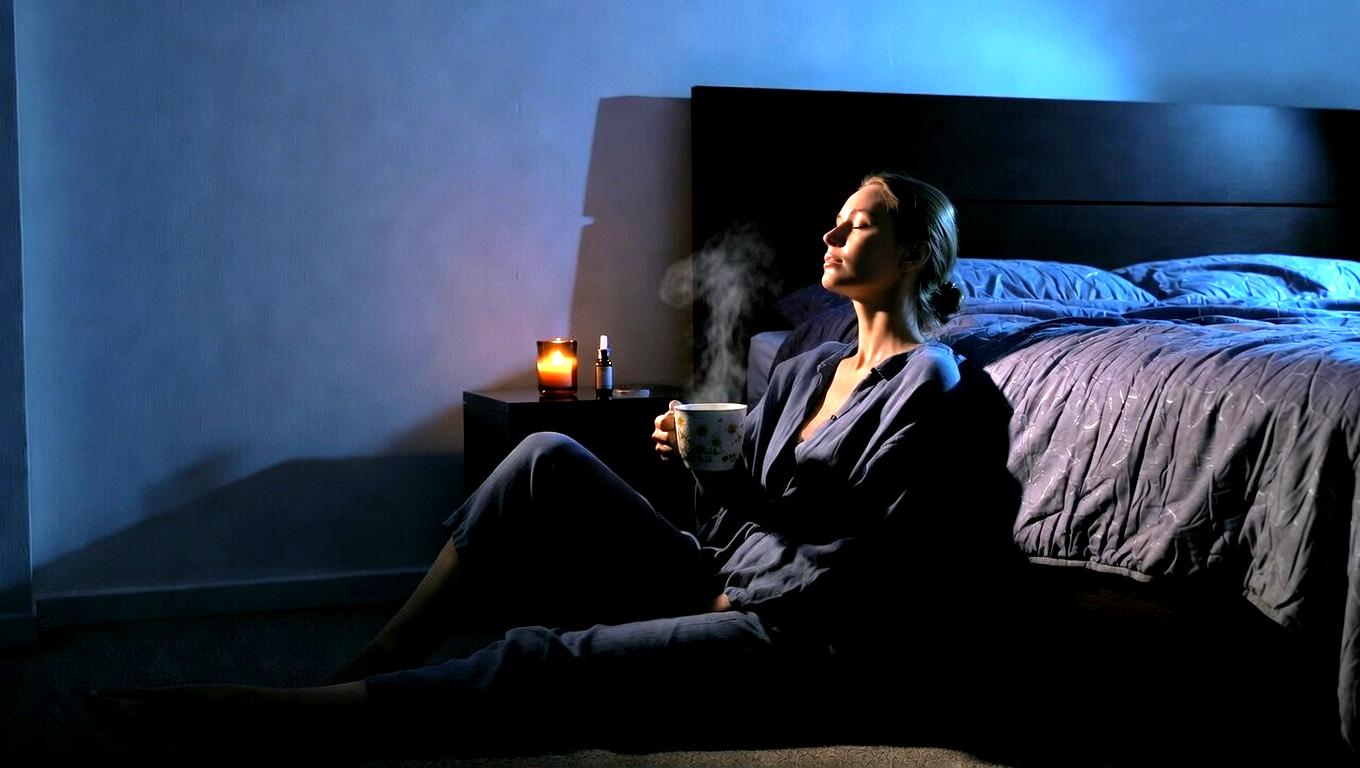 夜の静かな部屋でシンギングボウルが響くリラックスした雰囲気
