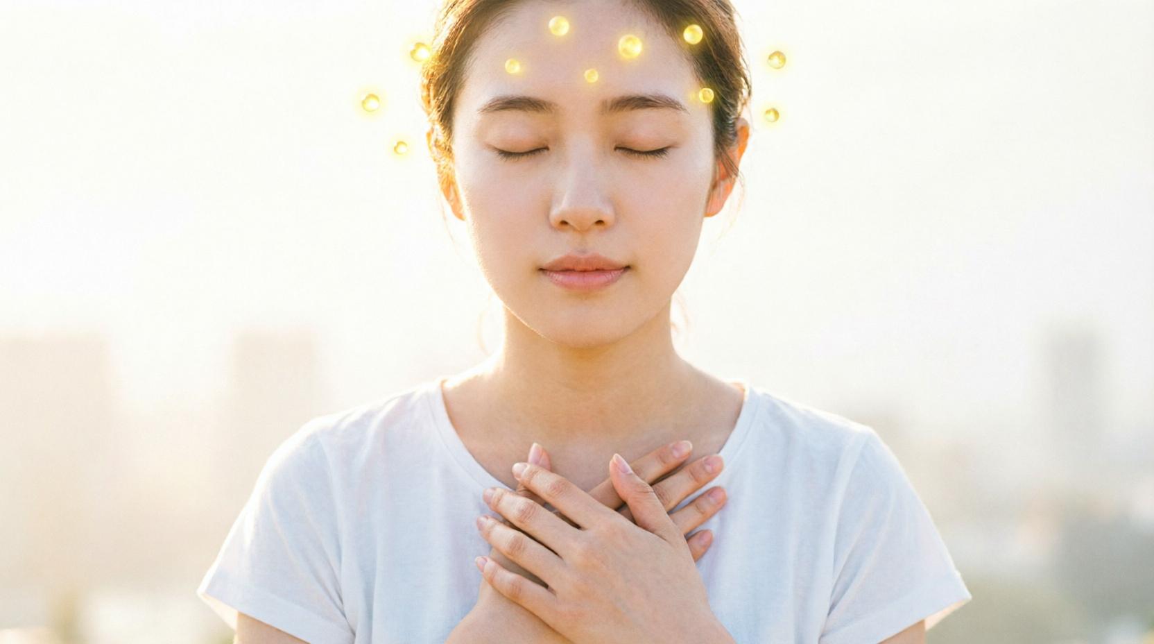 柔らかな光に包まれながら未来へ歩き出す人物
