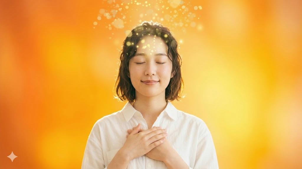 大地に裸足で立ち深呼吸する人物のイメージ