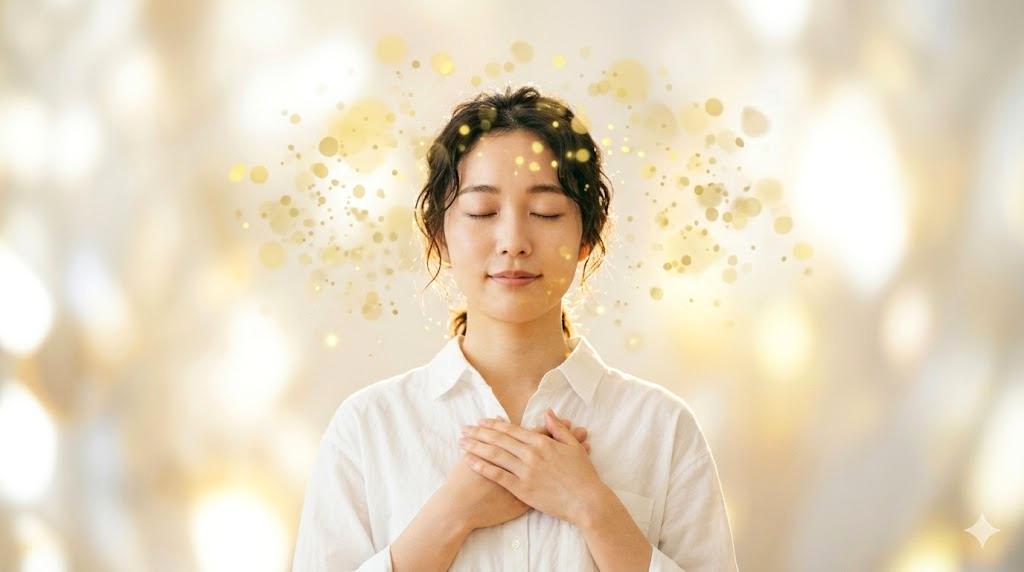透明感のある光に包まれた穏やかな人物