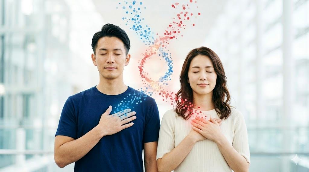 血液型が同じツインレイが互いの感情に与える影響を表現したイメージ