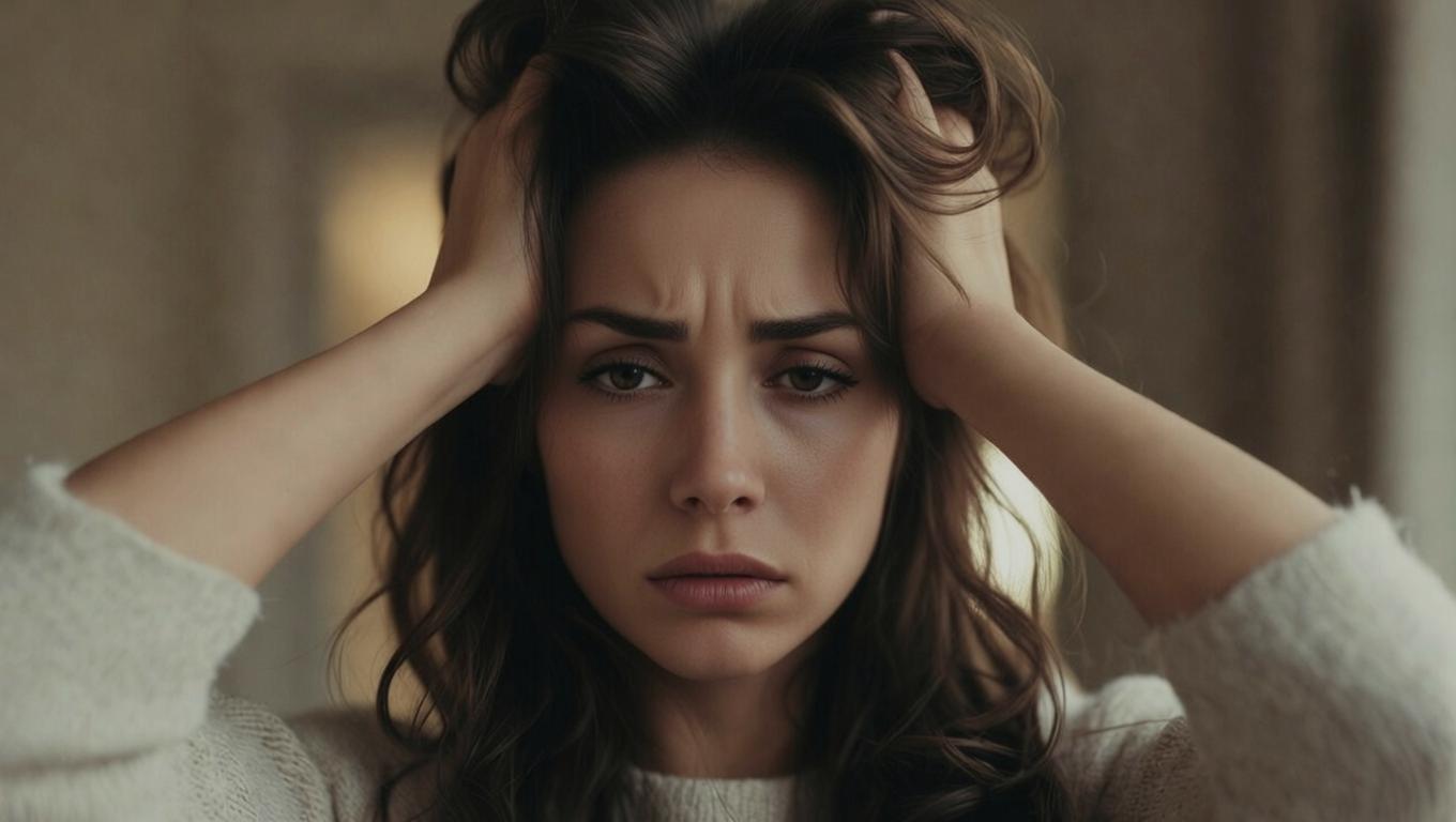 暗い部屋で一人悩み込み膝を抱える人物の姿