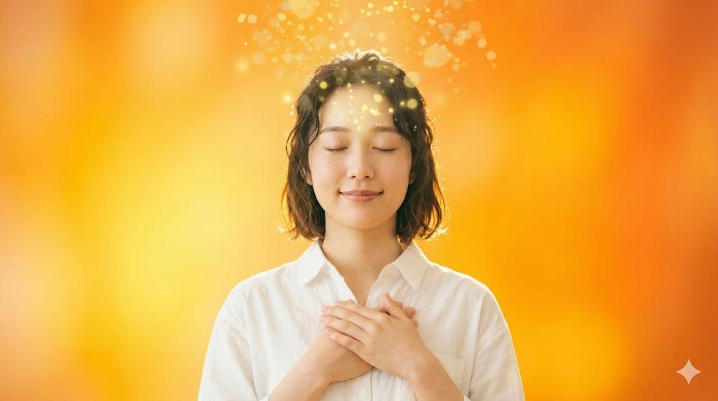 朝の日差しの中で深呼吸する女性のイメージ