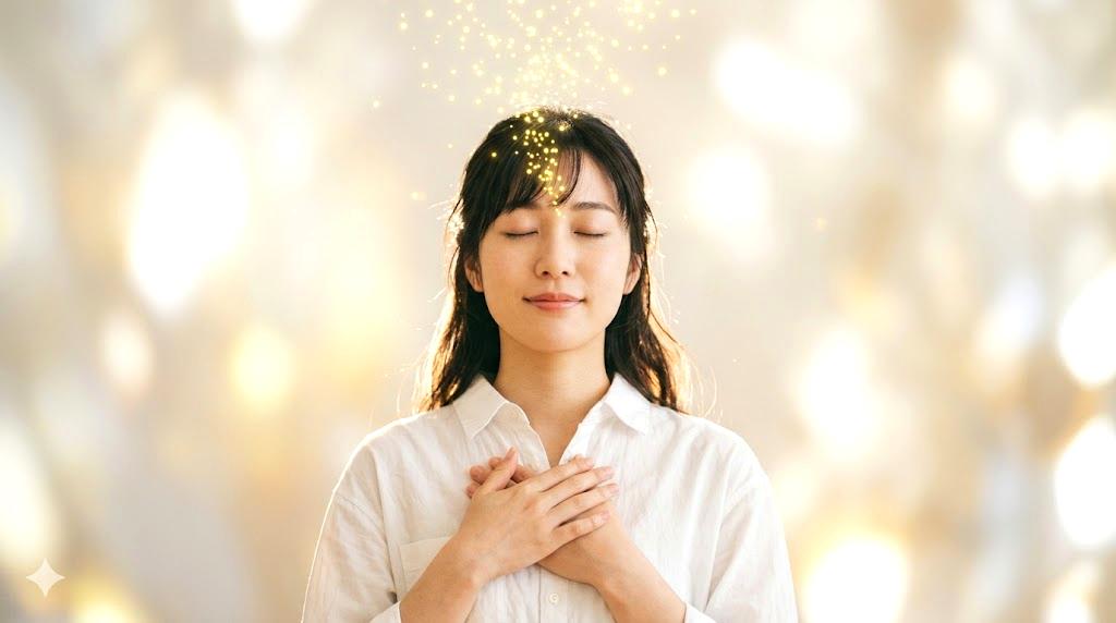 優しい光に包まれ新しい未来へ歩き出す人物