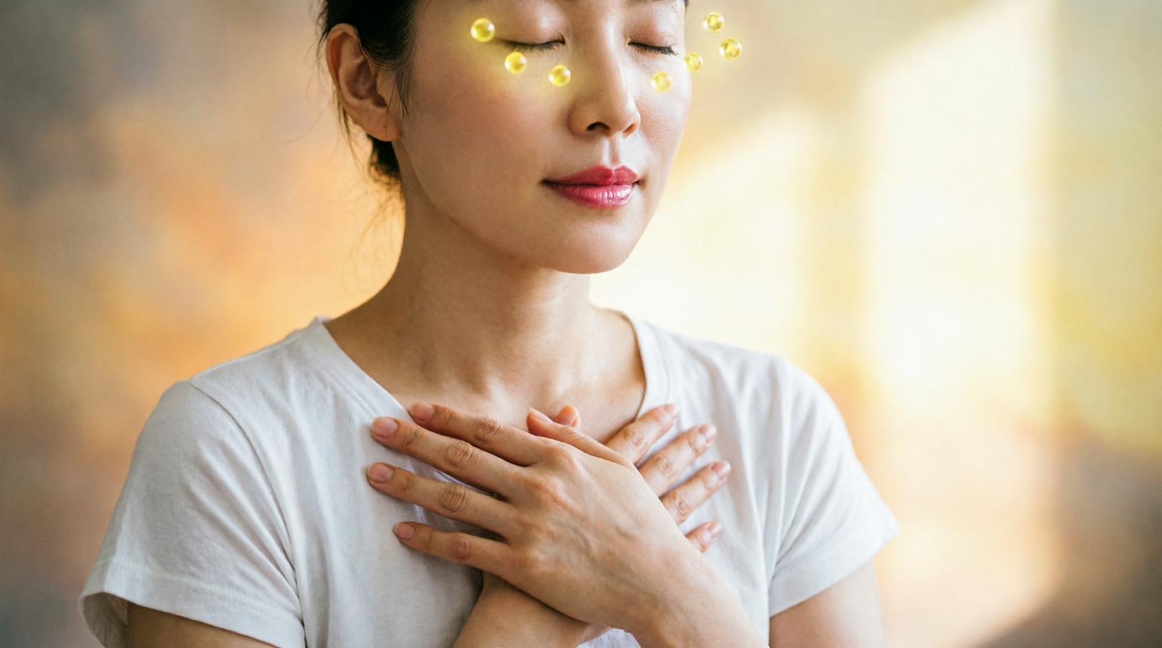 柔らかな光の中で、自分を抱きしめるように座る人物