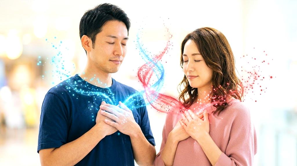エンパス同士のカップルが寄り添いながらもエネルギーの影響を受け合うイメージ
