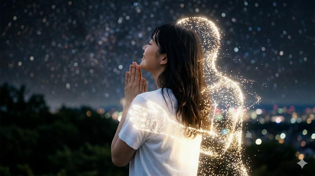 魂の共鳴を感じながら未来へ歩む二人を優しい光が包むイメージ