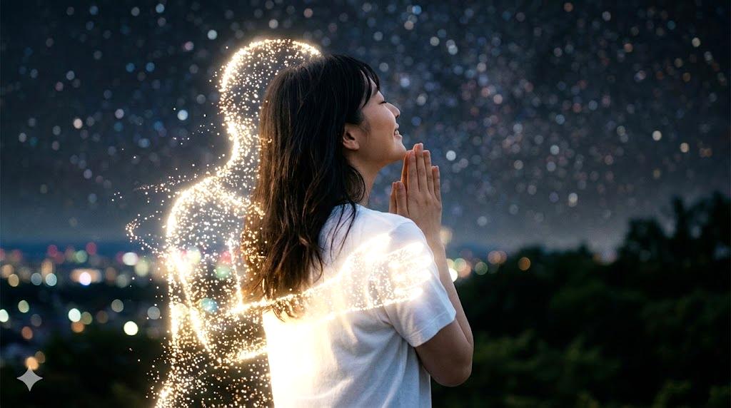 スターシード同士のツインレイが宇宙的な導きで出会い、魂の使命へと目覚めていく神秘的な情景