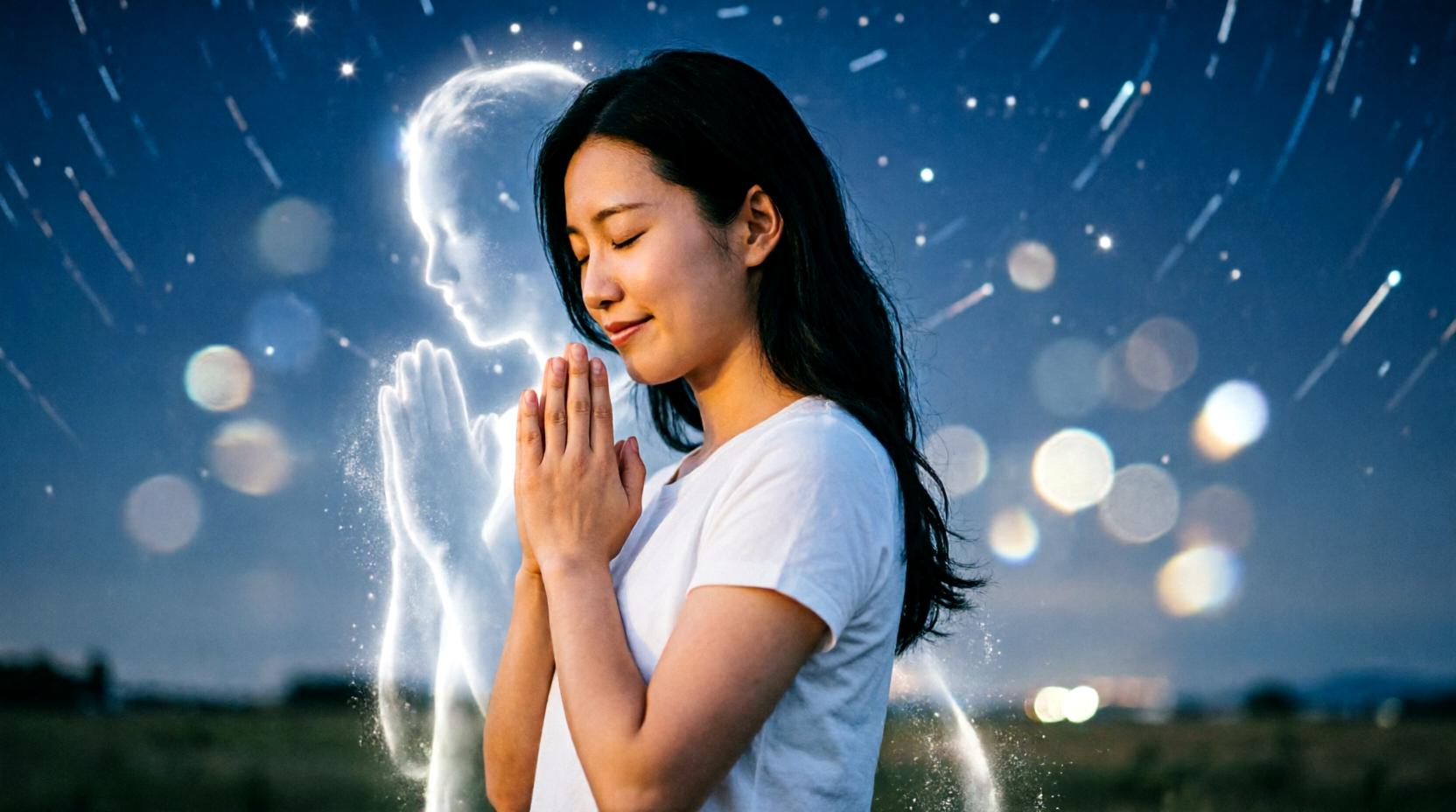 柔らかな光に包まれて前向きに進む人物のスピリチュアルな象徴